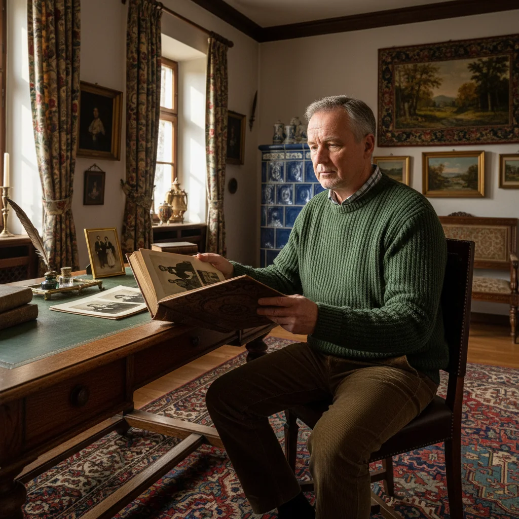 A photorealistic image representing the purpose of Kodicill legal documents in Germany, which are testamentary dispositions for inheritance. Depict a mature adult individual in a thoughtful pose, perhaps reviewing family heirlooms or a family photo album in a cozy German home setting, symbolizing legacy and inheritance planning. No children present. The scene should evoke trust, preparation, and family continuity without showing any documents.