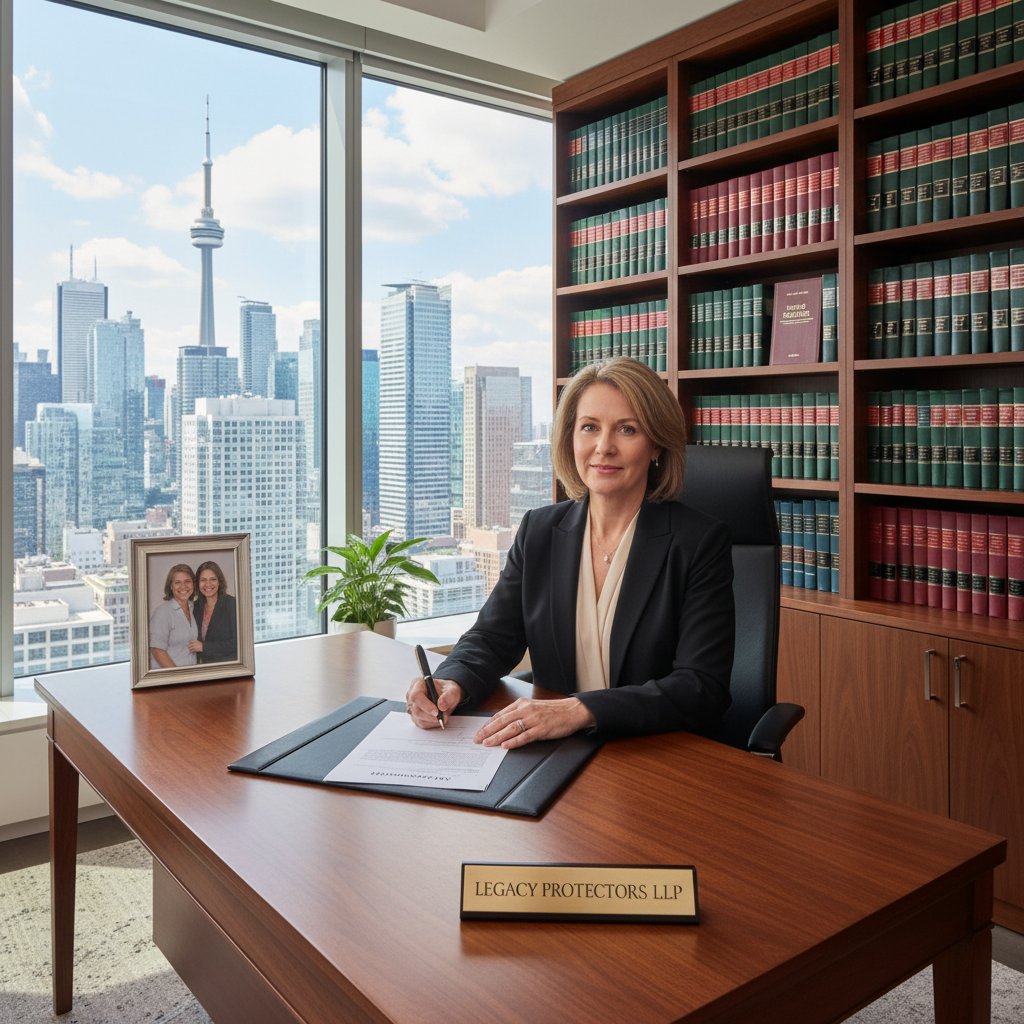 A photorealistic image of a mature adult professional thoughtfully reviewing and signing important legal amendments to a will in a modern Canadian law office, symbolizing the purpose of a codicil as a supplement to an existing legal document. The scene conveys trust, legacy planning, and legal assurance without showing any documents directly. No children are present.