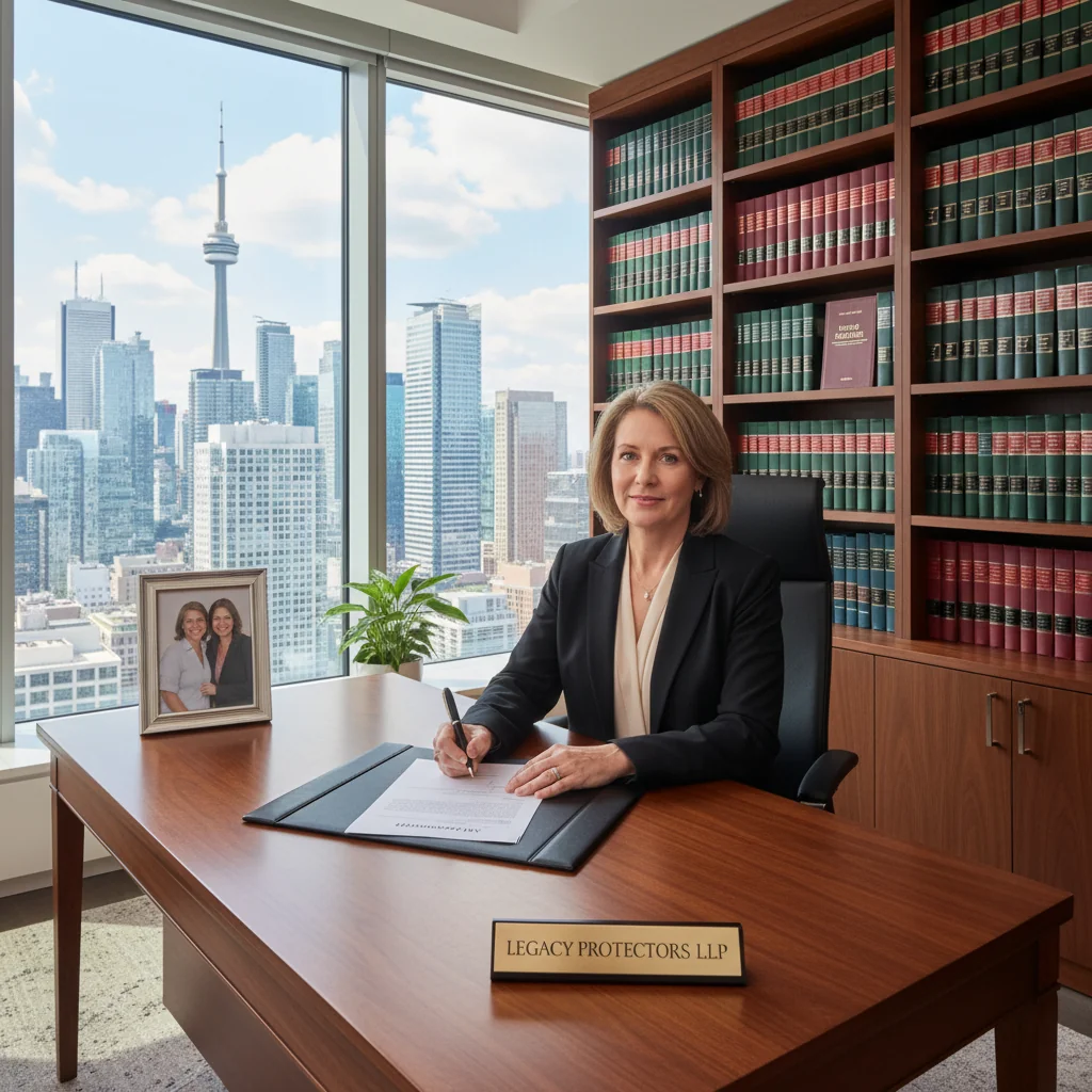 A photorealistic image of a mature adult professional thoughtfully reviewing and signing important legal amendments to a will in a modern Canadian law office, symbolizing the purpose of a codicil as a supplement to an existing legal document. The scene conveys trust, legacy planning, and legal assurance without showing any documents directly. No children are present.