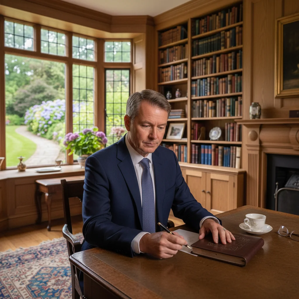 A photorealistic image depicting an adult professional in a thoughtful pose, reviewing or signing a codicil to a will in a modern UK home office setting, symbolizing legacy planning and legal amendments without showing any documents directly.