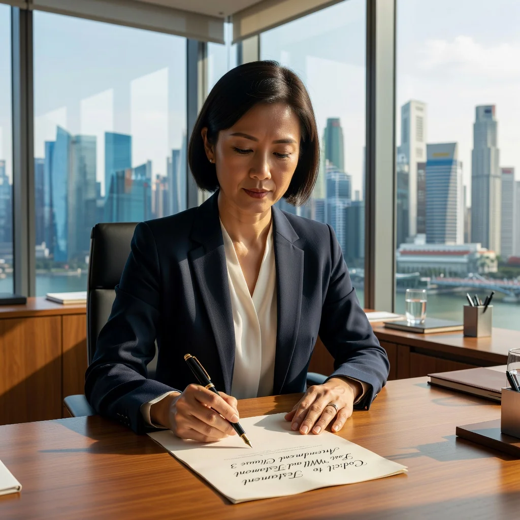 A photorealistic image of a mature adult Singaporean professional thoughtfully reviewing and signing important estate planning documents at a modern office desk in Singapore, symbolizing the purpose of a codicil to update a will. The scene conveys trust, security, and legal assurance in inheritance matters, with subtle Singaporean elements like a city skyline view in the background. No children are present in the image.