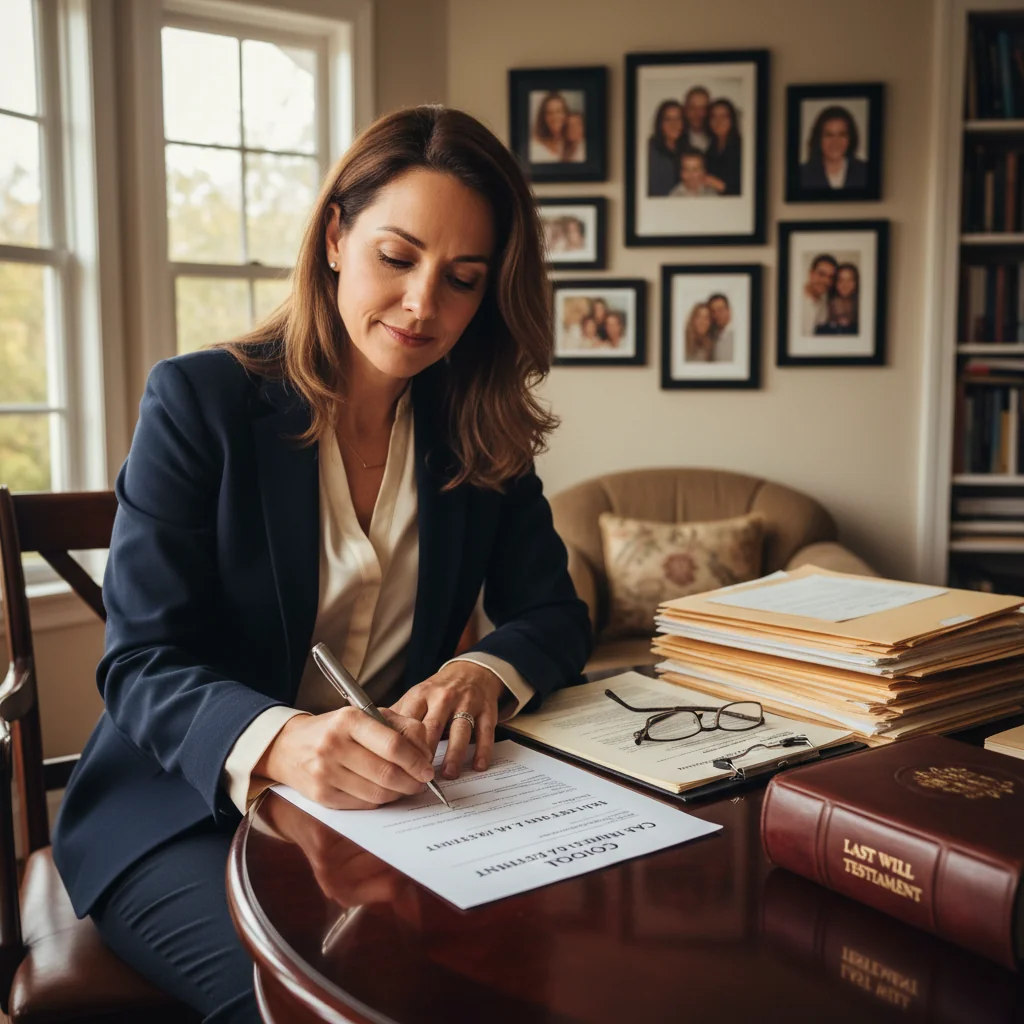 A photorealistic image of a middle-aged adult signing a codicil to a will at a wooden desk in a home office, surrounded by family photos and legal books, symbolizing legacy planning and estate updates for adults only, no children present.