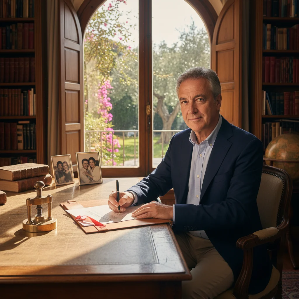 A photorealistic image of a middle-aged Spanish adult signing a codicilo legal document at a wooden desk in a sunlit study room, with shelves of law books in the background, conveying a sense of thoughtful estate planning and legal assurance, no children present.
