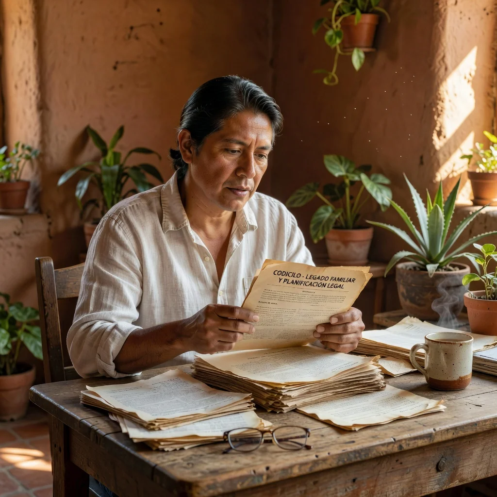A photorealistic hero image for an article on Codicilo legal documents in Mexico, depicting an adult Mexican individual thoughtfully reviewing important personal papers at a wooden desk in a sunlit home office, symbolizing the purpose of a codicilo as a personal supplement to a will for handling estate matters, conveying trust, legacy, and legal preparation without showing any documents directly.