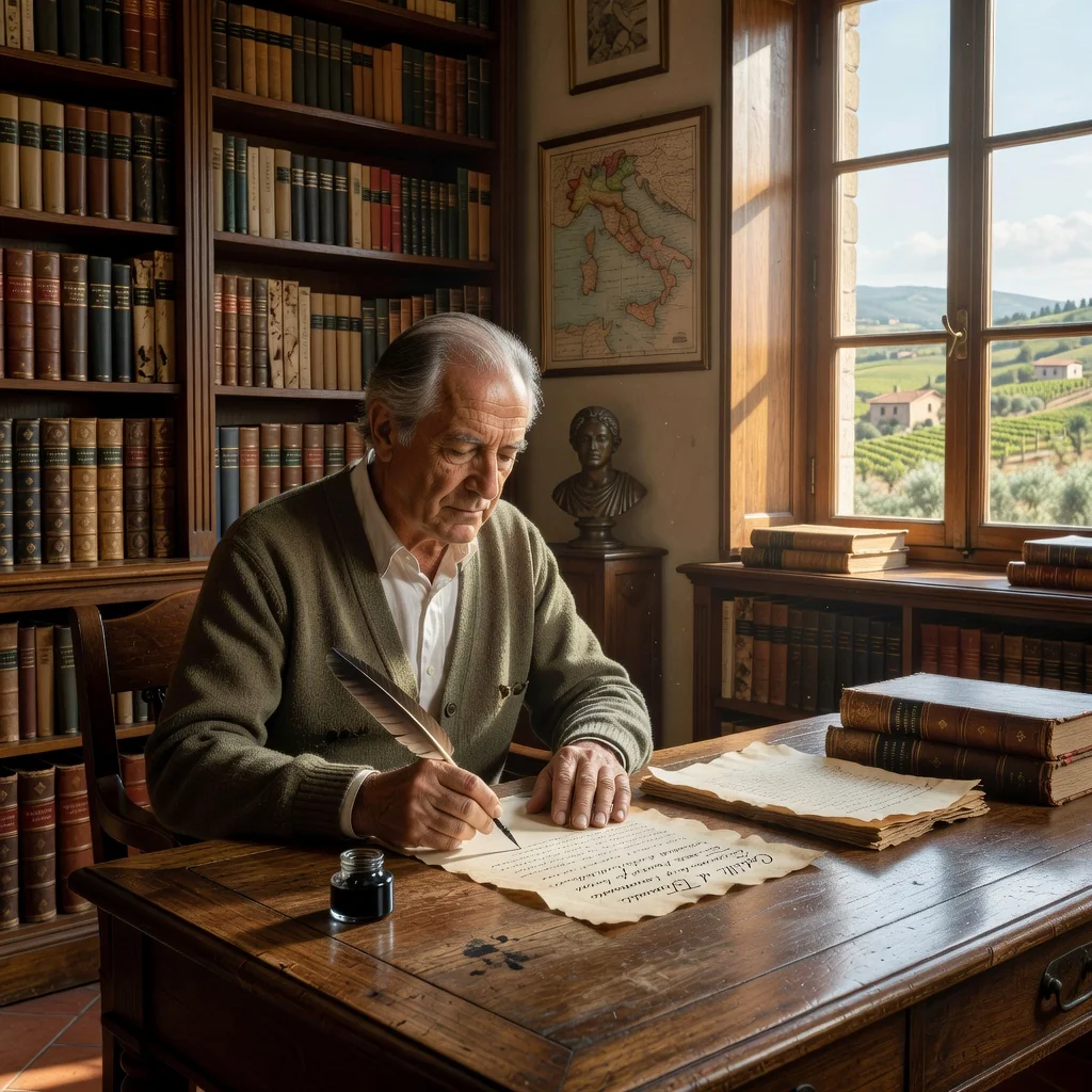 A photorealistic image of an elderly Italian man in a traditional study, thoughtfully reviewing a handwritten codicil document at a wooden desk with quill pen and inkwell, evoking the purpose of amending a will in Italian legal tradition, warm natural light from a window overlooking Tuscan countryside, no children present.