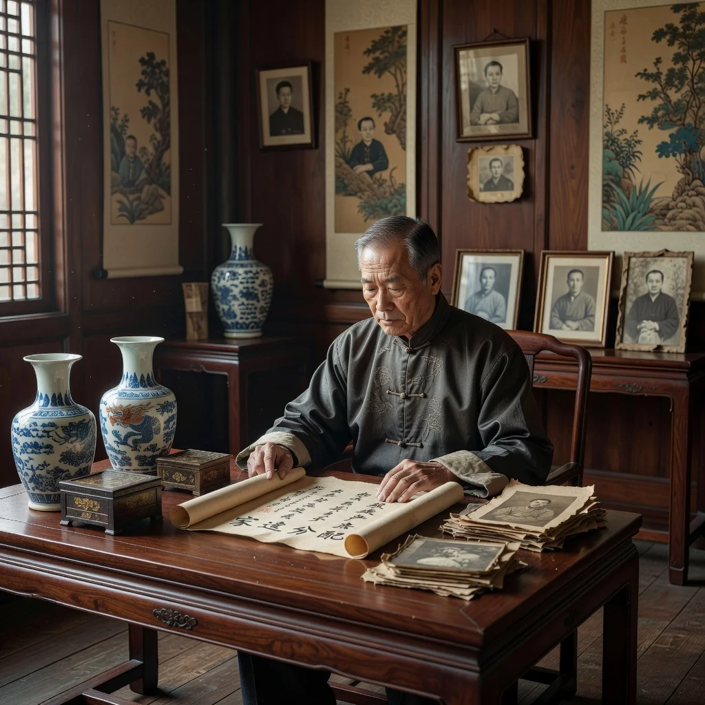 A photorealistic image of an elderly Chinese person thoughtfully planning their estate in a traditional home setting, surrounded by family photos and heirlooms, symbolizing legacy and inheritance without showing any children.