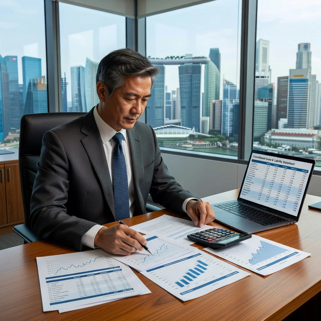 A photorealistic image of a professional adult individual in a modern Singapore office setting, meticulously organizing financial documents and spreadsheets on a desk with a laptop, symbolizing preparation of assets and liabilities schedule for compliance, conveying focus, organization, and financial responsibility. No children present.