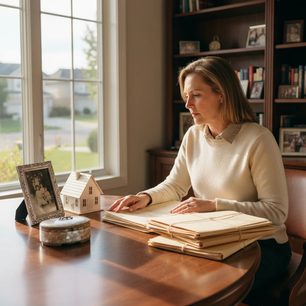 A photorealistic image of an adult professional individual thoughtfully reviewing a neatly organized collection of estate assets on a wooden desk in a sunlit home office, symbolizing the inventory process for estate planning in the United States. The assets include symbolic items like a family photo frame, a small house model, jewelry box, and financial documents, but no actual legal papers are shown. The atmosphere is calm and professional, emphasizing legacy and organization.