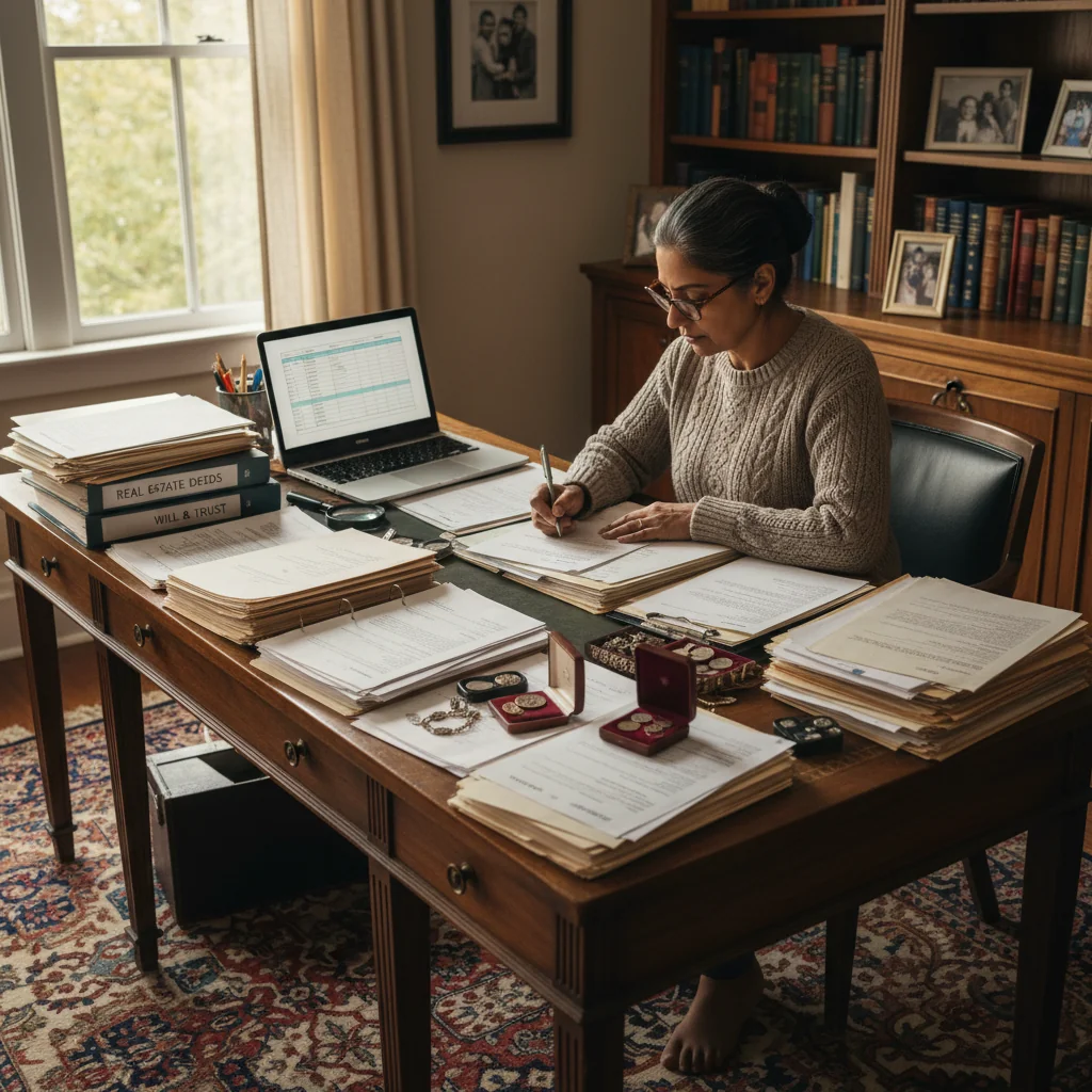 A photorealistic image of a middle-aged adult person sitting at a wooden desk in a quiet home office, carefully reviewing and organizing a list of household assets such as property deeds, bank statements, and jewelry on the table, with a sense of focus and preparation for estate planning, warm natural light filtering through a window, no children present.
