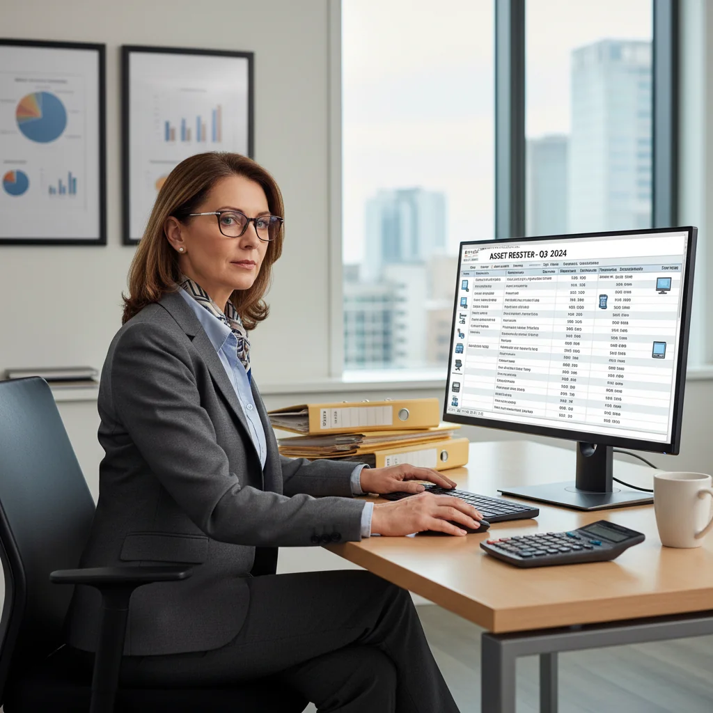 A photorealistic image of a professional businessperson in a modern UK office setting, meticulously organizing and reviewing a digital inventory list on a computer screen, surrounded by neatly arranged office supplies and charts representing assets, conveying accuracy and organization for business asset management. No children are present in the image.