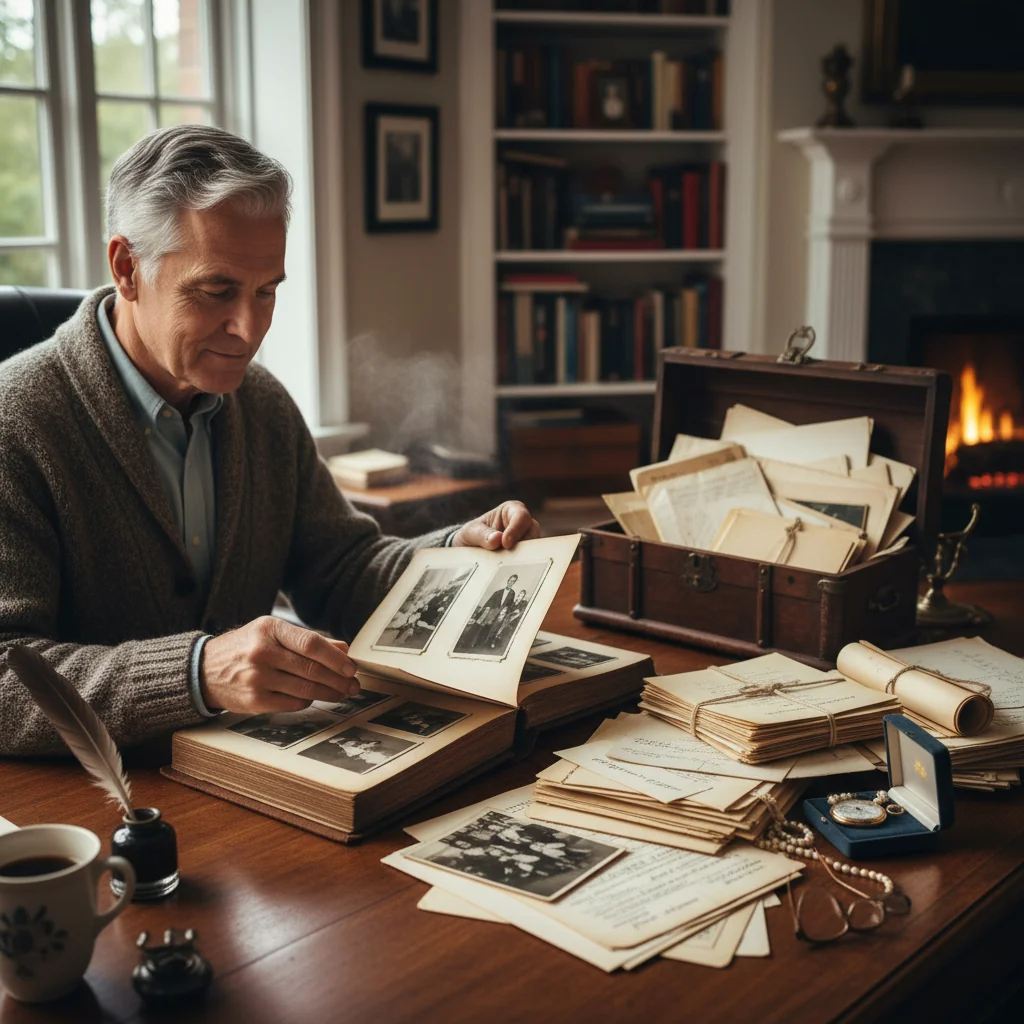 A photorealistic image of an elderly person thoughtfully reviewing a family photo album and financial documents on a wooden desk in a cozy home study, symbolizing the inventory and legacy planning of personal estate, with soft natural light filtering through a window, no children present.