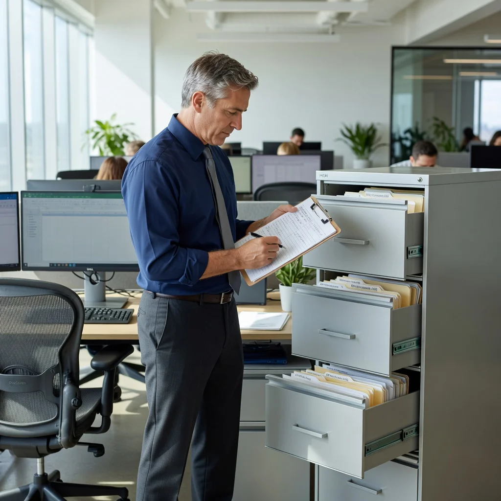A photorealistic image of a professional adult in an office setting, meticulously organizing and inventorying business assets like office equipment and furniture, symbolizing legal compliance in asset management.