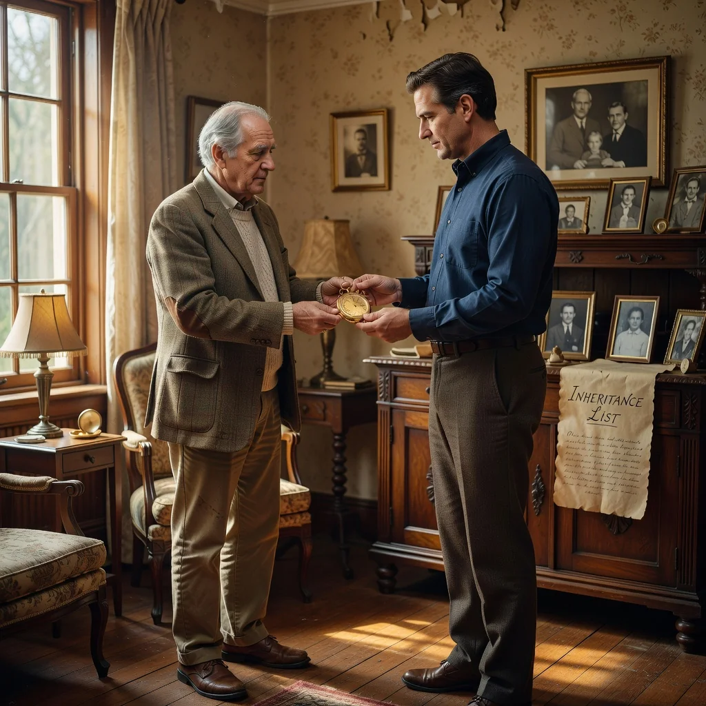 A photorealistic image symbolizing inheritance and legacy, featuring an elderly adult passing a symbolic family heirloom like an antique watch or key to a middle-aged adult in a warm, generational home setting, evoking themes of legal transfer and family continuity without showing any documents or children.