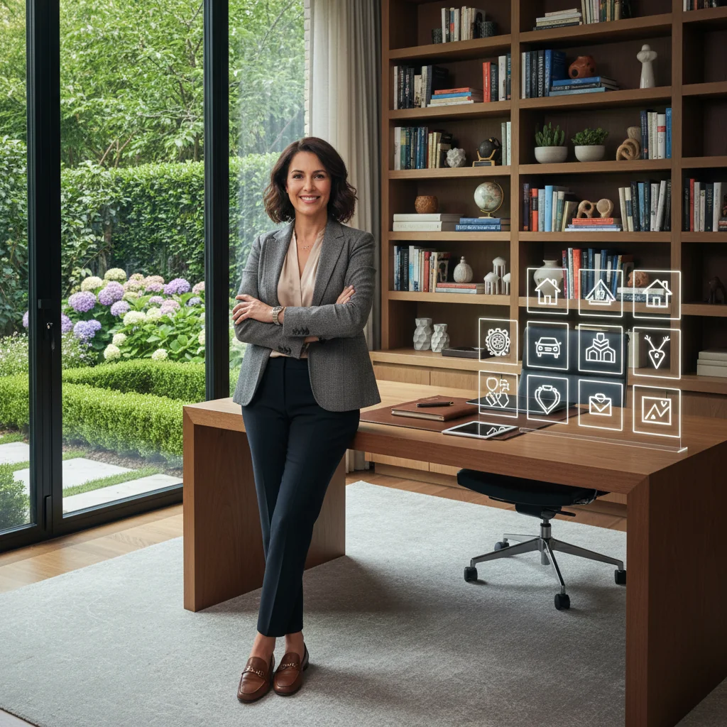 A photorealistic image of an adult professional standing in a spacious home office, surrounded by neatly organized furniture, real estate documents on a desk, and a laptop displaying property listings, symbolizing the establishment of an inventory of movable and immovable assets. The scene conveys organization, assessment, and property management without any focus on legal documents themselves.