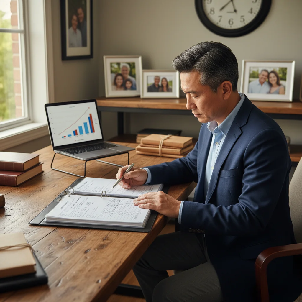 A photorealistic image of a middle-aged adult professional sitting at a wooden desk in a home office, thoughtfully reviewing a neatly organized binder containing estate asset lists, with subtle elements like family photos and financial documents in the background, conveying a sense of careful planning and organization for inheritance matters. No children are present in the image.