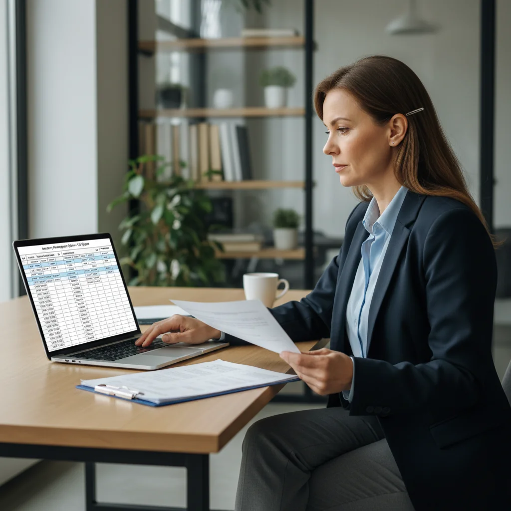 A photorealistic image of a professional adult businessperson in an office setting, meticulously organizing and reviewing a detailed inventory list on a computer screen and physical documents, symbolizing effective asset management. The scene conveys efficiency and organization, with modern office elements like desks, files, and charts in the background. No children are present in the image.