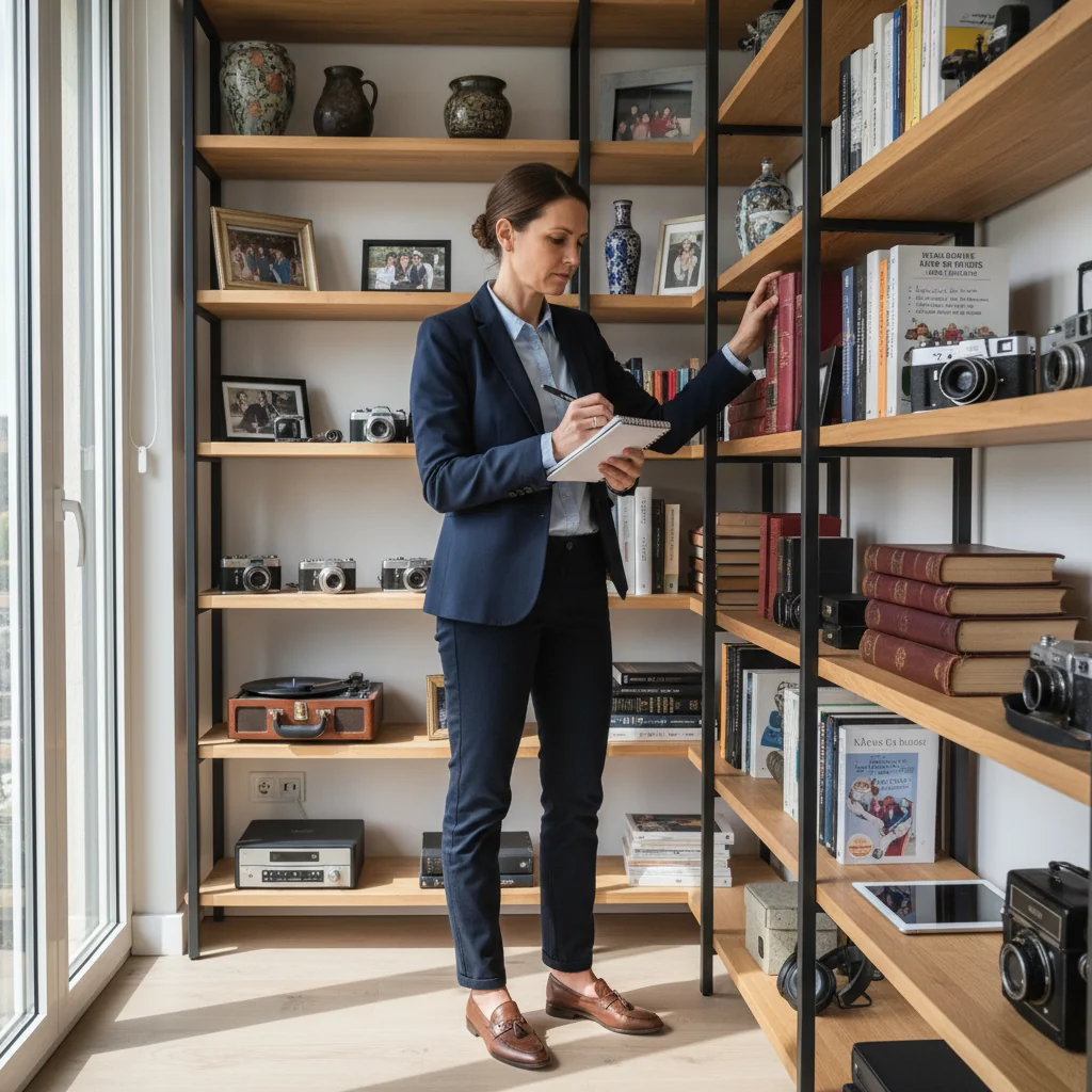A photorealistic image of an adult professional person meticulously organizing and cataloging items in a well-lit home office or storage room, symbolizing the process of inventorying personal assets as part of French legal procedures. The scene should convey organization, attention to detail, and professionalism, with items like furniture, books, and household goods being listed or tagged, but no legal documents visible. Ensure no children are present in the image.