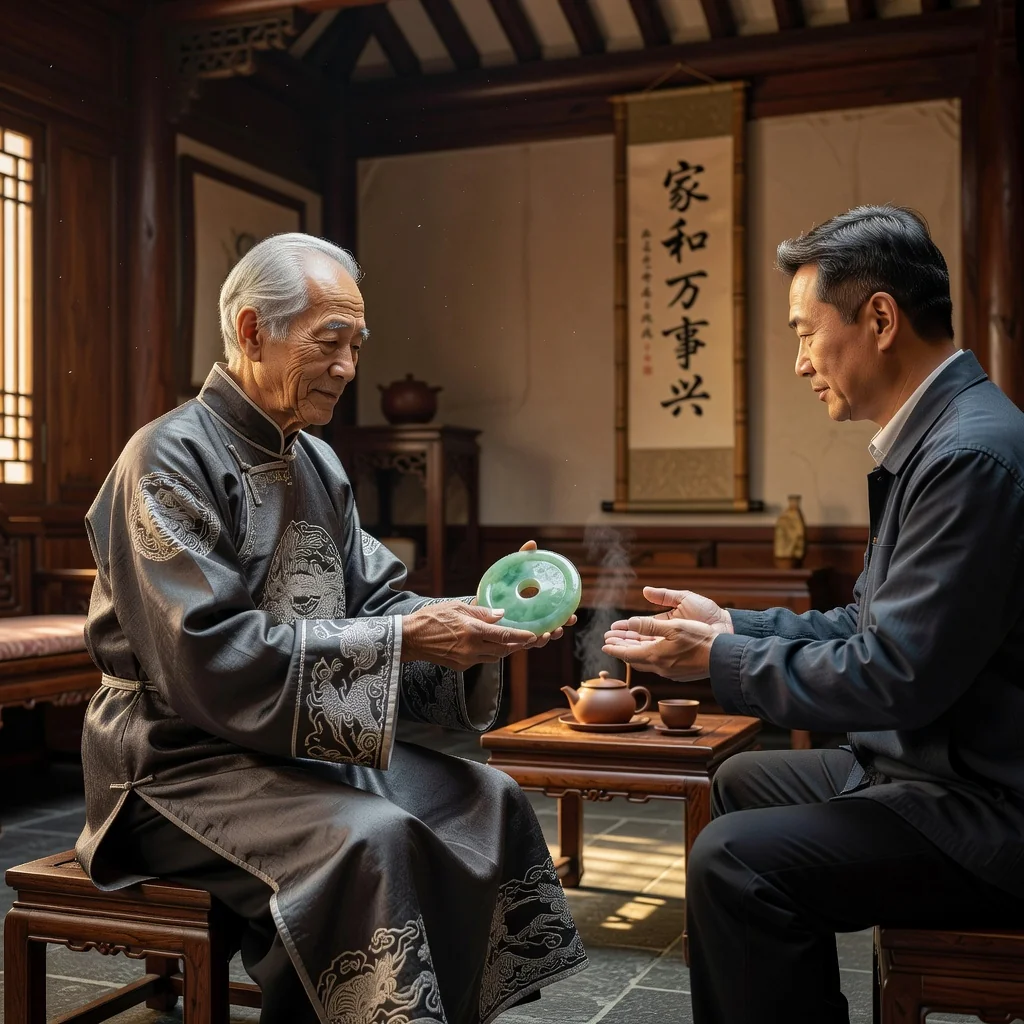 A photorealistic image representing the concept of inheritance and legacy in a Chinese cultural context, showing an elderly person thoughtfully passing down a family heirloom to an adult family member, symbolizing the preparation of a heritage inventory without focusing on documents, evoking themes of family legacy and proper estate planning.