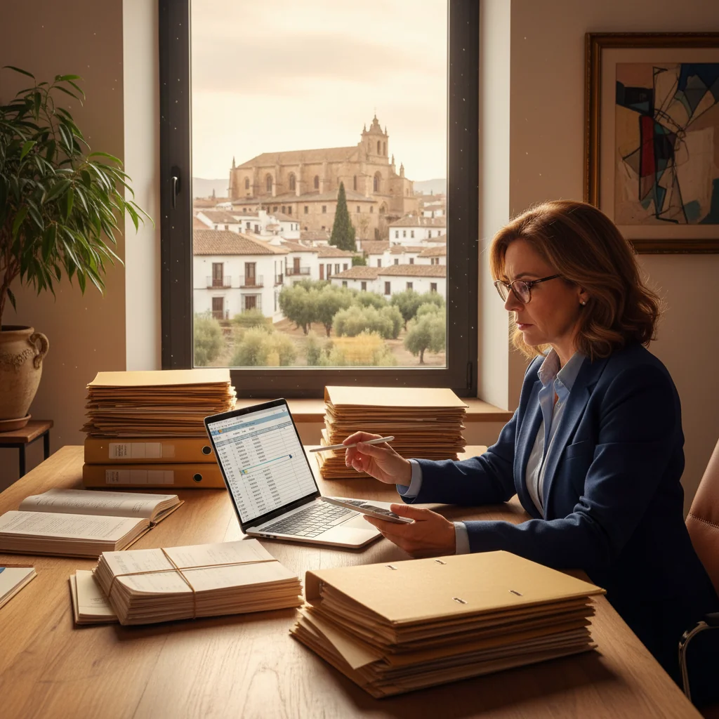 A photorealistic image of a professional adult woman in a modern Spanish office, meticulously organizing and reviewing property documents on a desk with subtle Spanish landmarks visible through the window, symbolizing asset inventory management in Spain, no children present.
