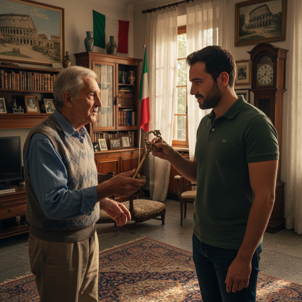 A photorealistic image representing inheritance and family legacy in Italy, showing an elderly Italian man in a traditional home passing a symbolic antique key to an adult son, with warm lighting and Italian decor in the background, evoking themes of estate transfer and heritage without depicting any legal documents.