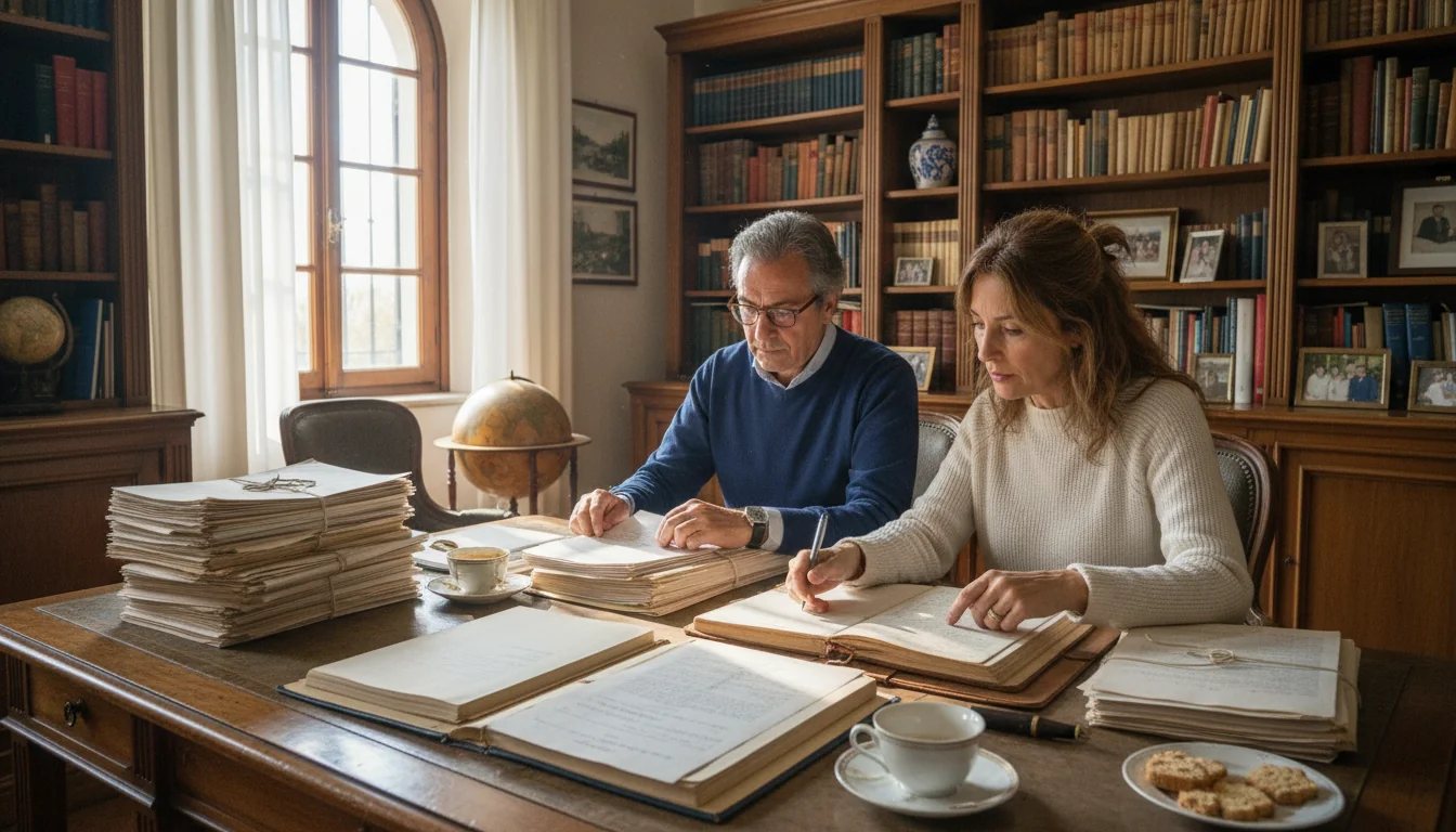 Italian family examining inheritance documents.