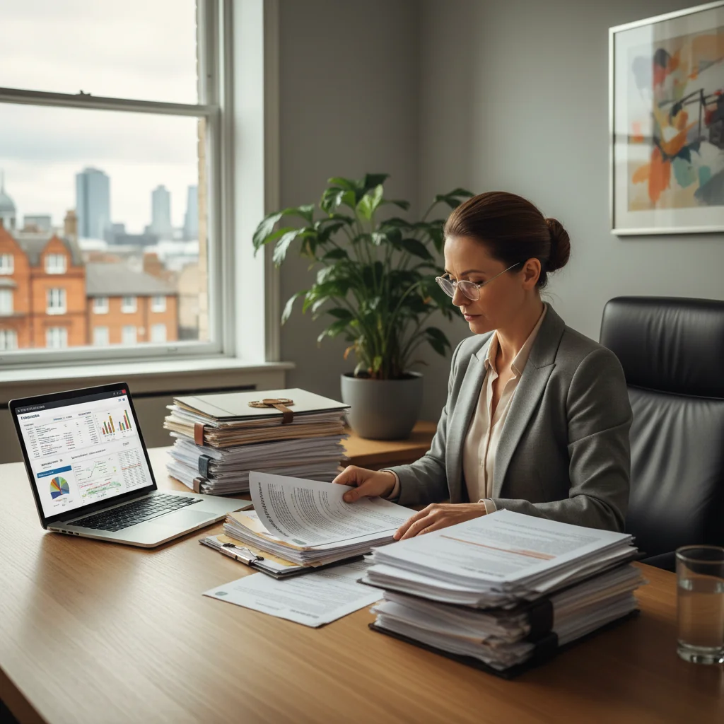 A photorealistic hero image representing the concept of inventorying assets in the UK, showing a professional adult in a modern office setting reviewing financial documents and assets like property deeds and investment portfolios on a desk, with subtle UK elements such as a Union Jack flag in the background, conveying organization and financial planning.