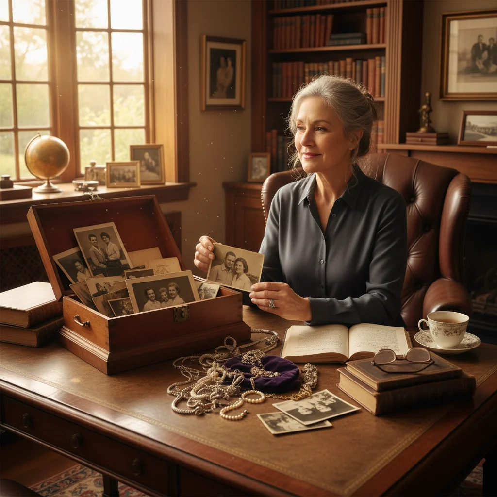 A photorealistic image of an elderly adult person thoughtfully organizing family heirlooms and personal belongings in a cozy living room, symbolizing the preparation of an estate inventory without focusing on legal documents.