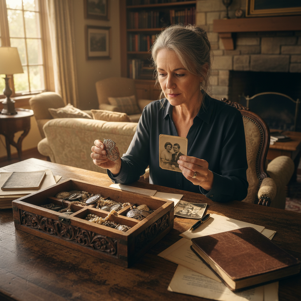 A photorealistic image of a thoughtful elderly person examining family heirlooms and valuables in a cozy home setting, symbolizing the inventory of inherited assets during succession planning, with no children present.