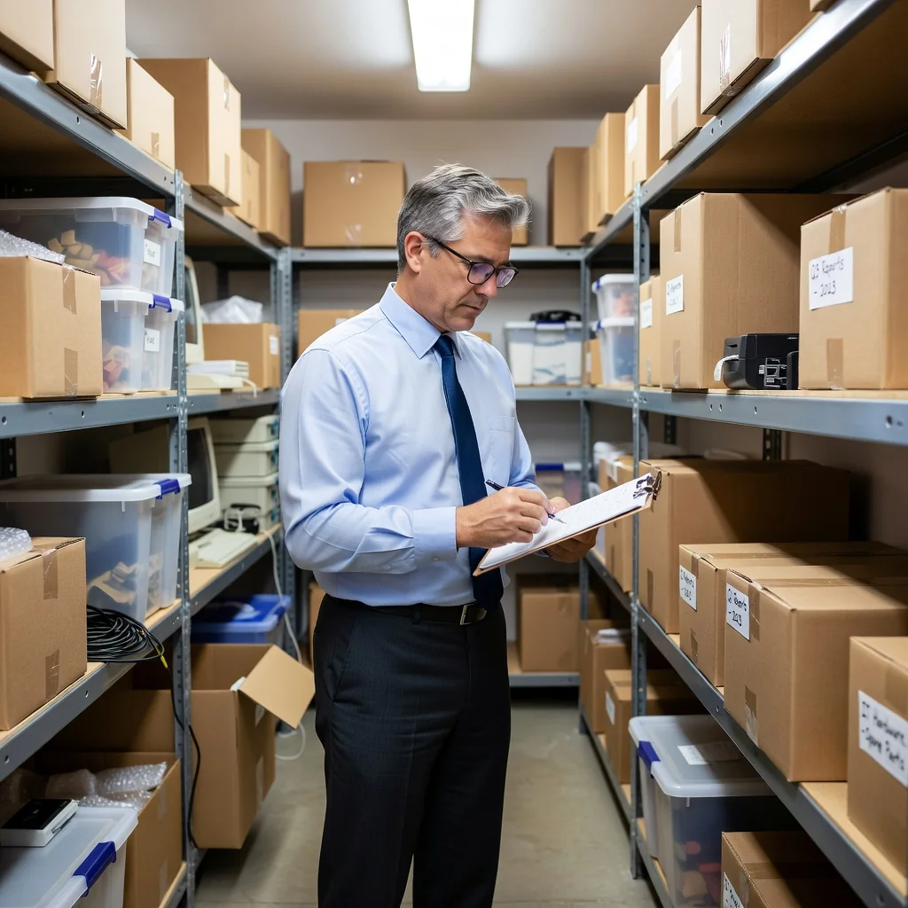 A photorealistic image of an adult professional in a modern office setting, carefully organizing and counting inventory items on shelves, representing the effective management of assets without focusing on any legal documents.