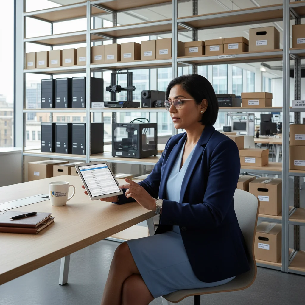 A photorealistic image of a professional businessperson in a modern office, meticulously reviewing an inventory checklist on a tablet while surrounded by organized shelves of assets and equipment, symbolizing compliance and asset management in a UK business context. No children are present in the image.