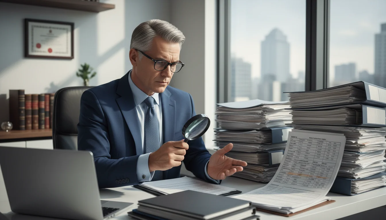 Businessman reviewing asset inventory documents