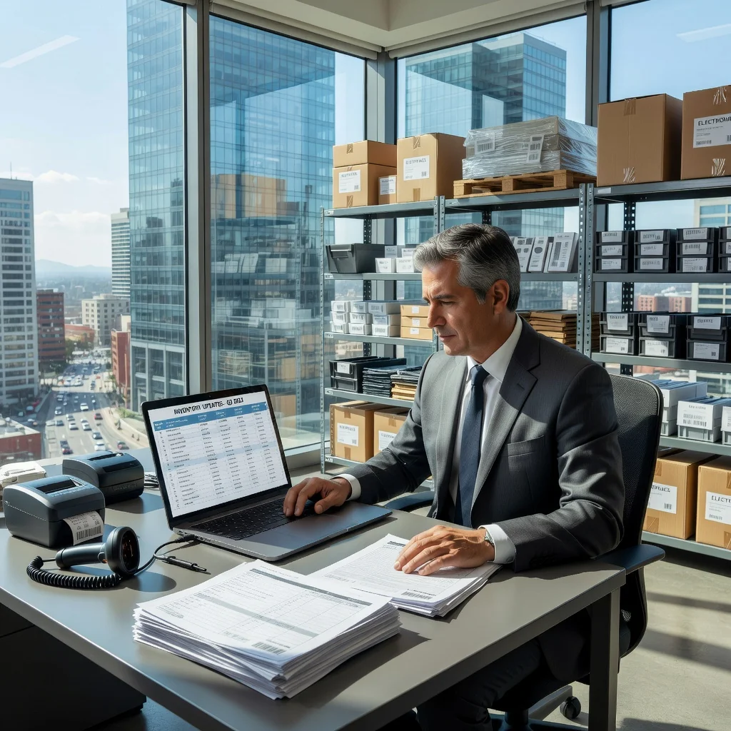 A photorealistic image of a professional adult Mexican businessperson in a modern office setting, meticulously organizing inventory records on a computer, surrounded by neatly arranged product shelves and logistics charts, symbolizing the comprehensive management of assets as per Mexican inventory guidelines. The scene conveys efficiency, organization, and professionalism in asset inventory processes.