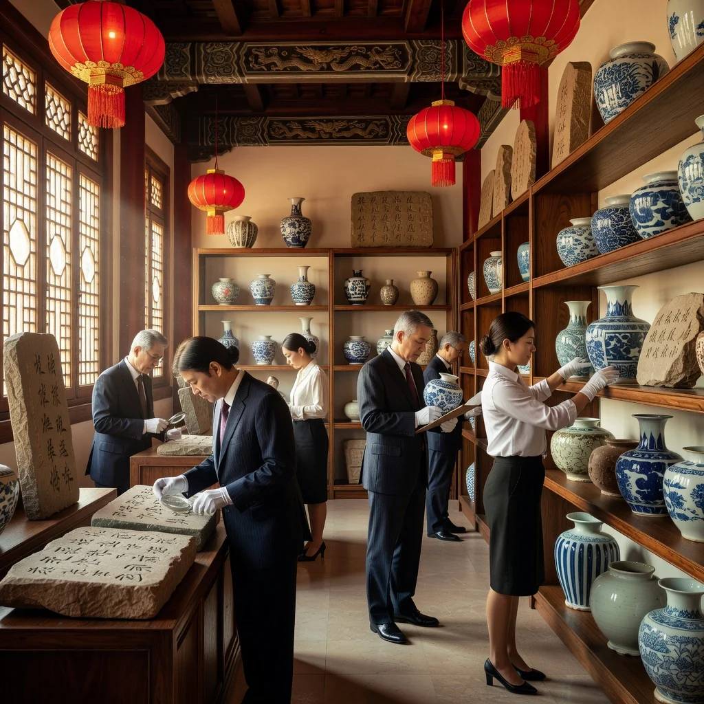 A photorealistic image depicting the preservation and documentation of Chinese cultural heritage, showing adult professionals carefully examining ancient artifacts in a museum setting, with elements of traditional Chinese architecture in the background, emphasizing the importance of compiling heritage inventories without focusing on any legal documents.