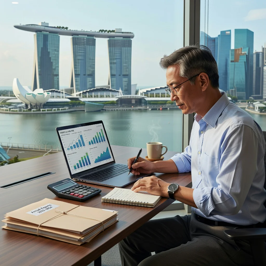 A photorealistic image of a professional adult in a modern Singapore office, reviewing financial statements on a computer, symbolizing financial planning and asset management, with elements like the Singapore skyline in the background through a window, conveying stability and organization in personal finances.