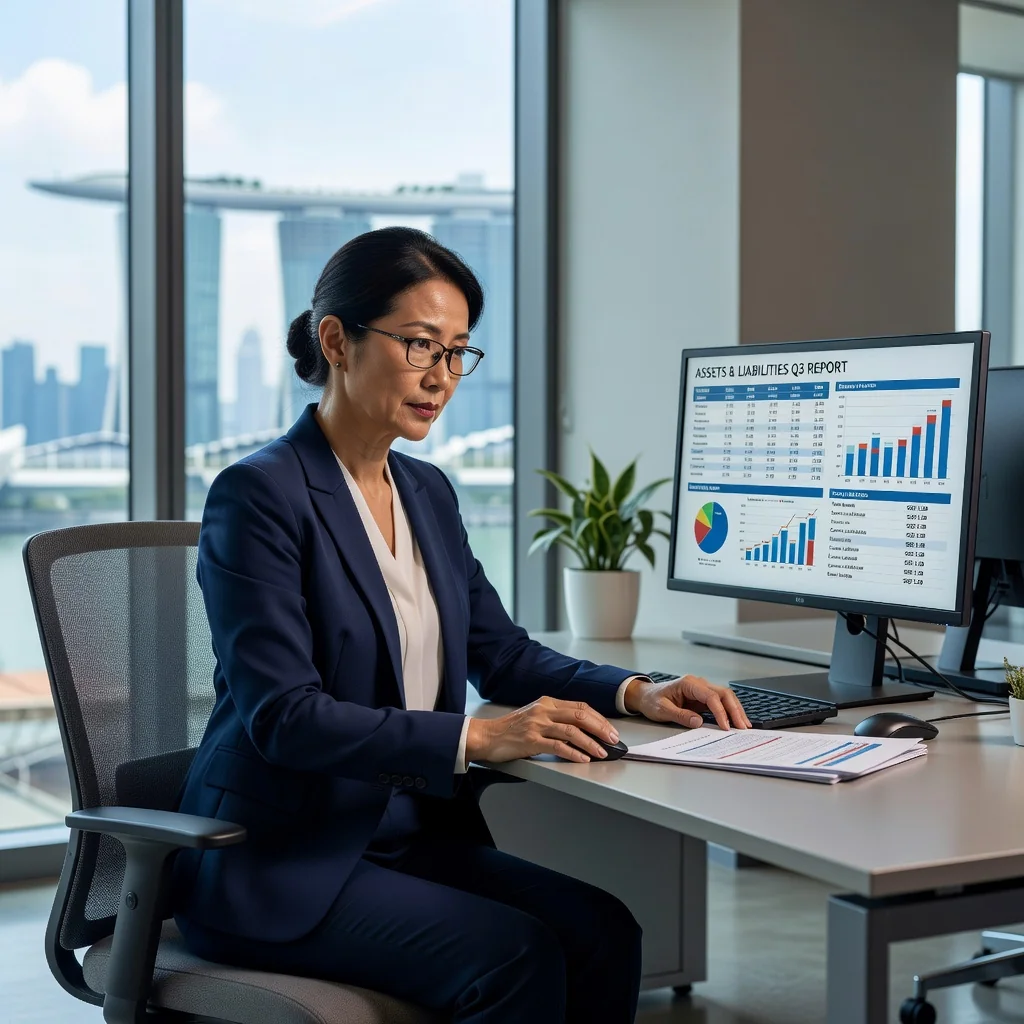 A photorealistic image of a middle-aged Asian professional woman in a modern Singapore office, carefully reviewing financial statements on her laptop, with a subtle background of the Singapore skyline visible through the window, symbolizing financial planning and asset management without focusing on legal documents.