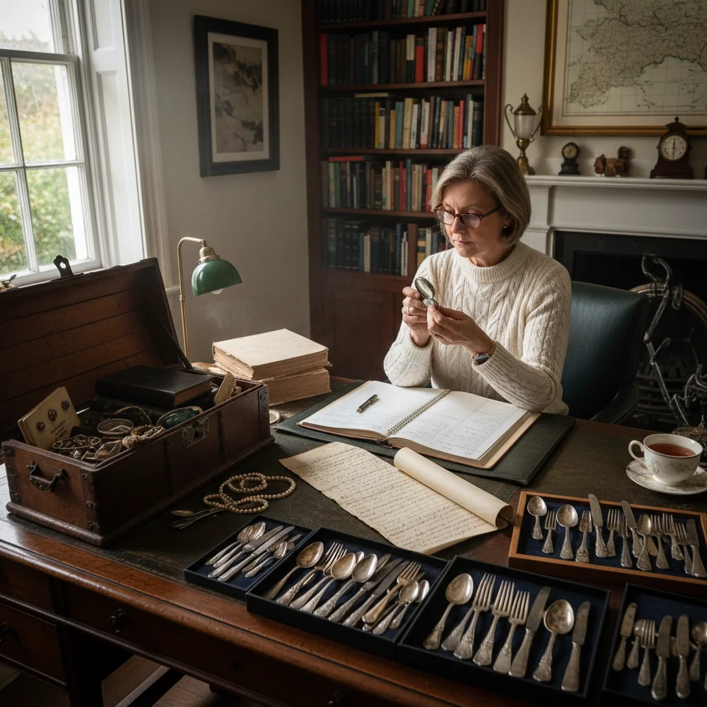 A photorealistic image of an adult person carefully organizing and inventorying family heirlooms and valuables in a home office setting, symbolizing the process of handling inherited assets.