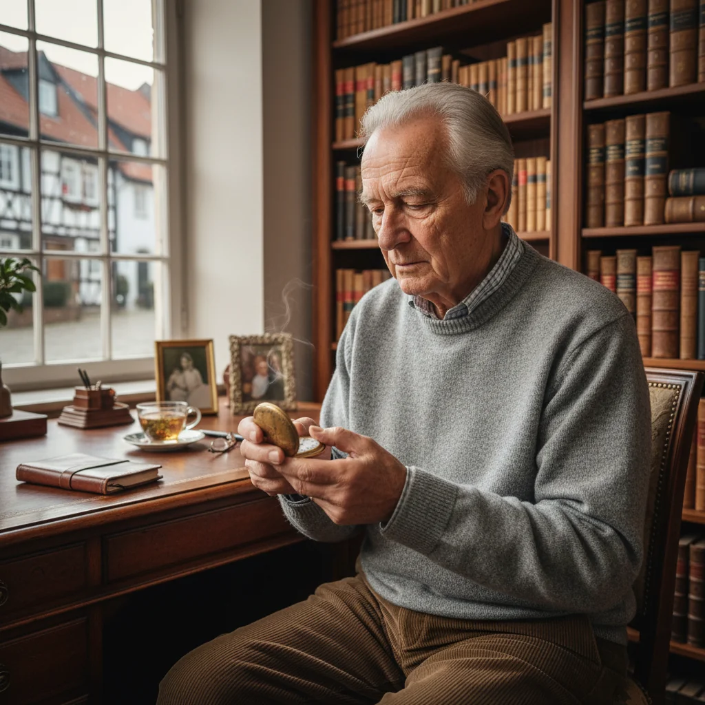 A photorealistic image of an elderly adult person thoughtfully examining a family heirloom in a cozy home office, symbolizing the inventory and significance of inheritance in Germany, with subtle German cultural elements like a bookshelf with legal books in the background.