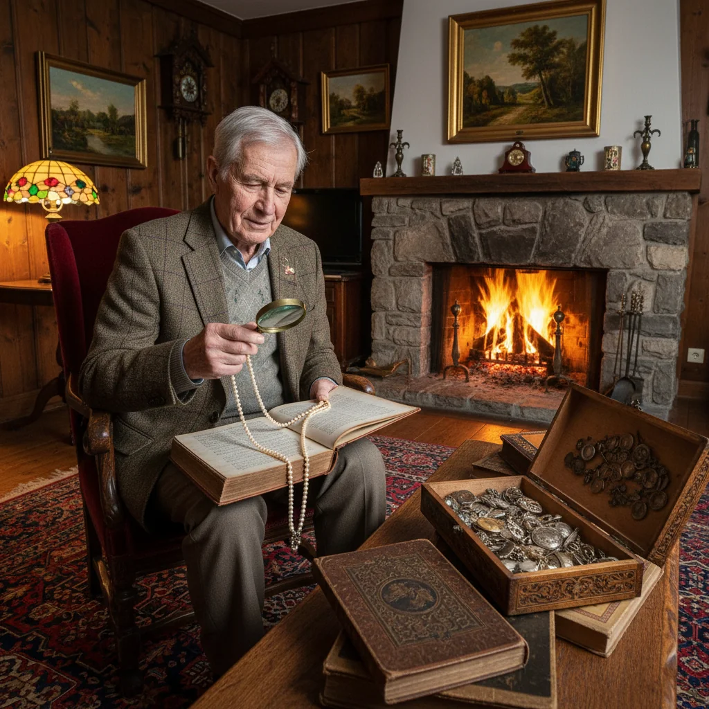 A photorealistic image representing legacy and inheritance in Germany, showing an elderly person thoughtfully examining family heirlooms and estate items in a cozy German home, evoking the purpose of Nachlassverzeichnis without displaying any legal documents.