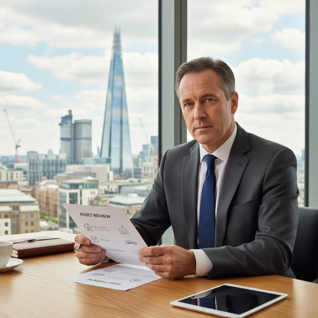 A photorealistic image of a professional adult individual in a modern office setting, carefully organizing and reviewing a list of business assets such as property deeds, financial statements, and equipment inventories on a desk, symbolizing the management and documentation of assets without showing any legal documents directly.