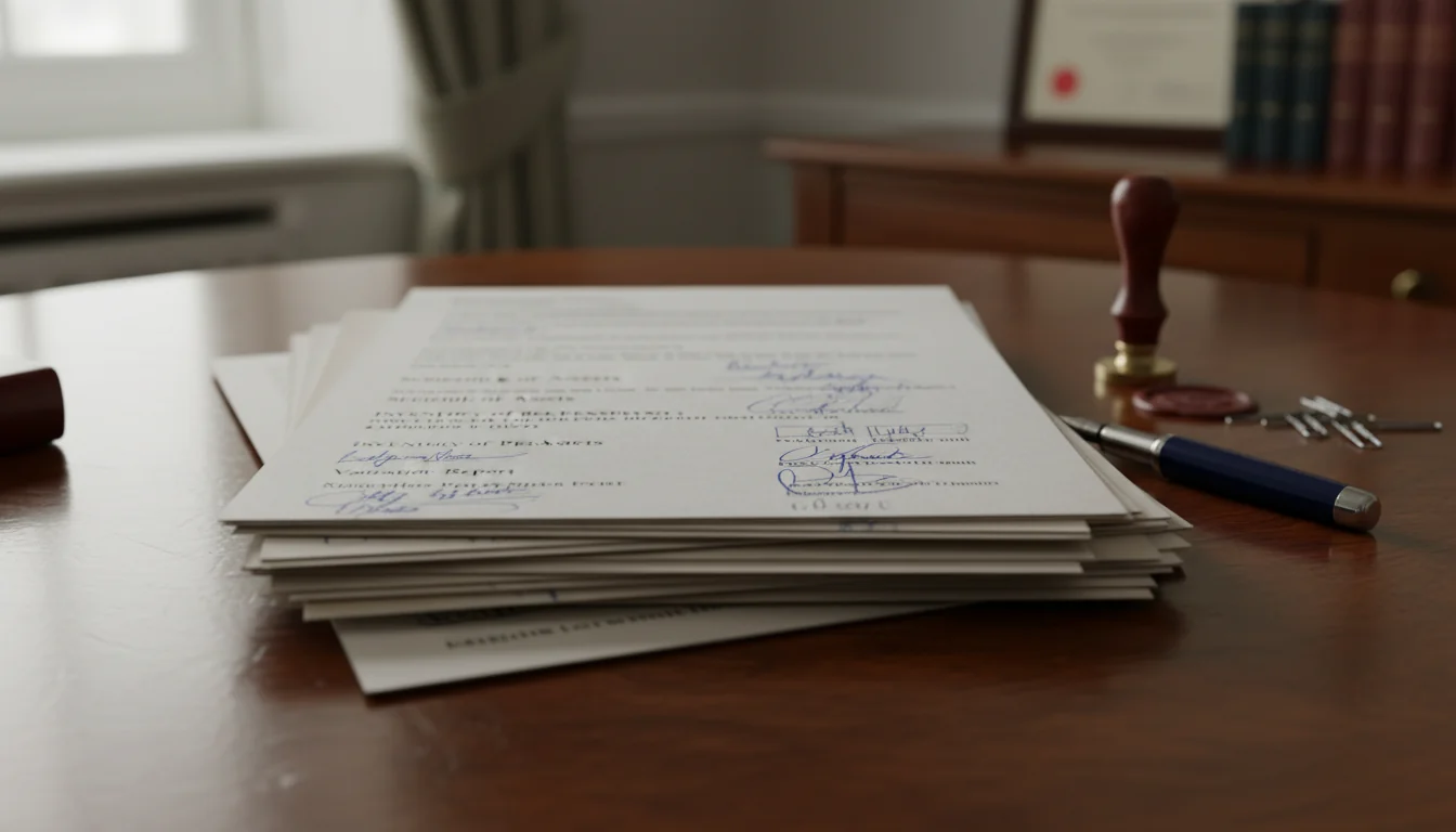 Stack of legal asset documents on desk