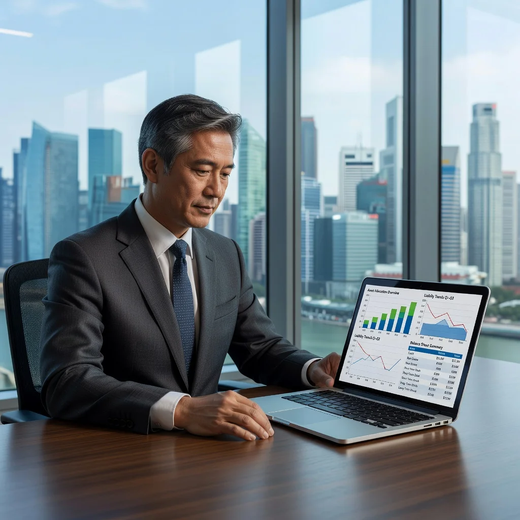 A photorealistic image of a professional adult in a modern Singapore office, reviewing financial statements on a computer, symbolizing asset and liability management, with no children present.