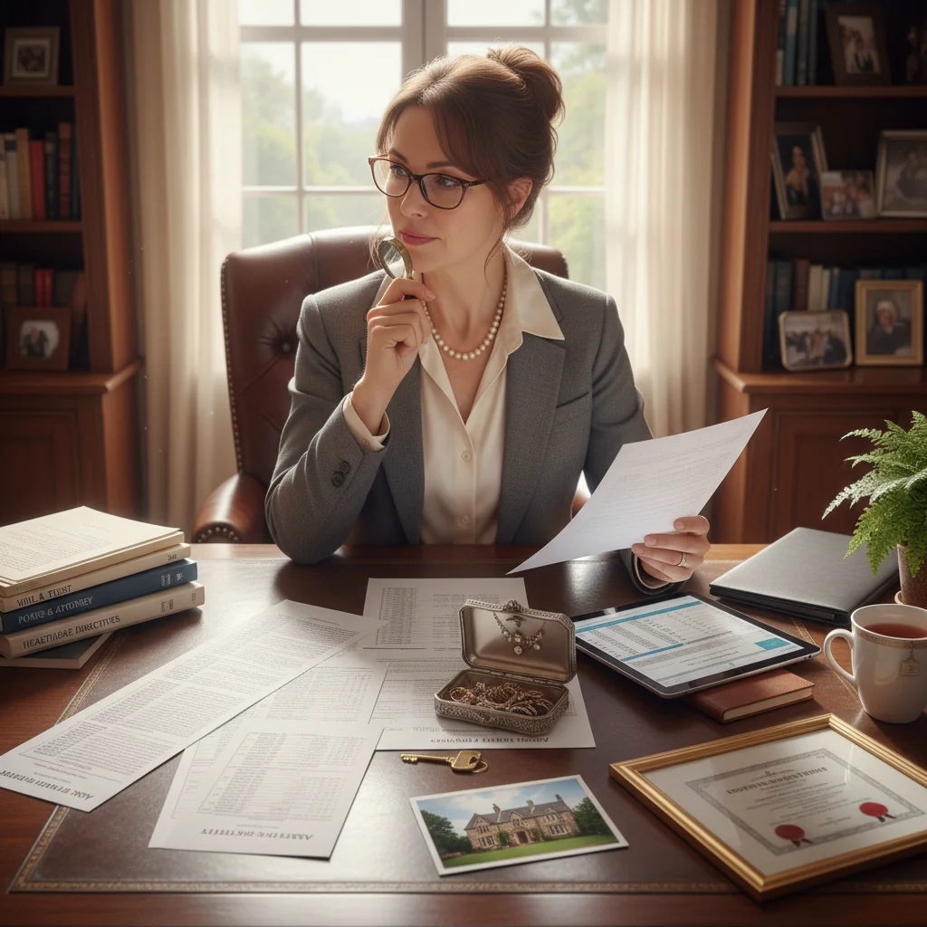 A photorealistic image of an adult professional, such as a lawyer or estate planner, thoughtfully reviewing a list of assets like property deeds and financial statements on a desk in a modern office, symbolizing the inventory process for estate assets without showing any actual legal documents.