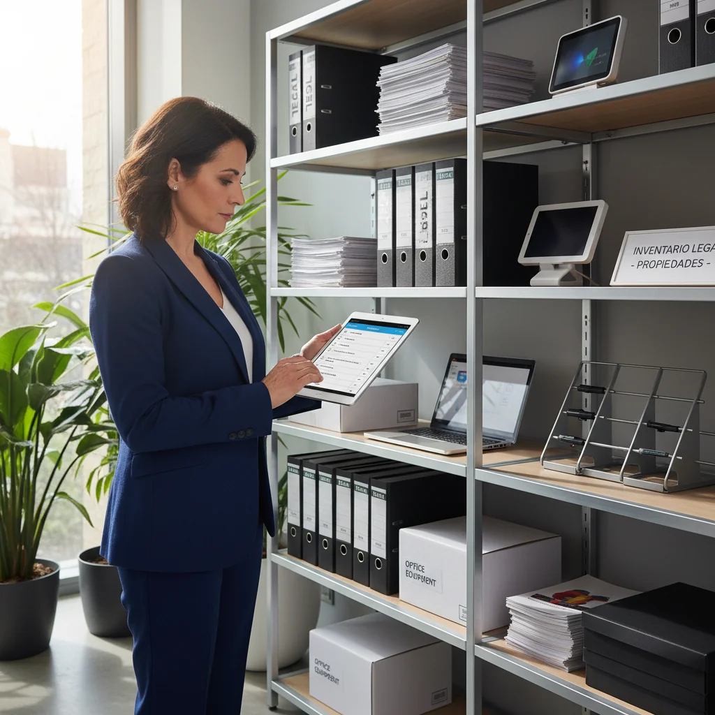A photorealistic image of a professional adult individual in a modern Spanish office setting, carefully reviewing and organizing an inventory list on a tablet, with shelves of neatly arranged goods and assets in the background, symbolizing the management and documentation of legal property inventories in Spain. No children present.