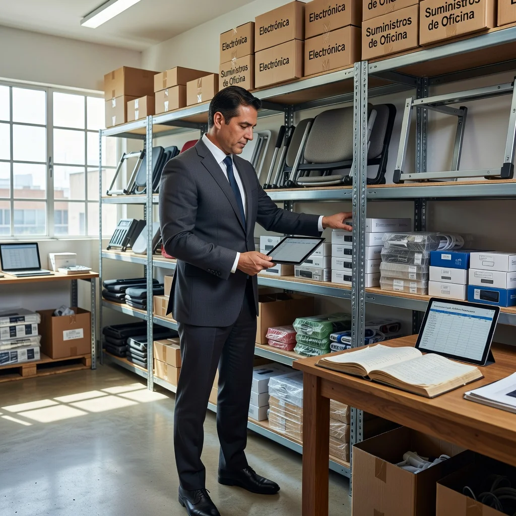 A photorealistic image of a professional Mexican adult individual in a modern office setting in Mexico City, meticulously organizing and cataloging various business assets and inventory items on shelves and tables, symbolizing the management and legal documentation of goods inventory, with subtle Mexican cultural elements like a flag or architecture in the background, no children present, highly detailed and realistic photography style.