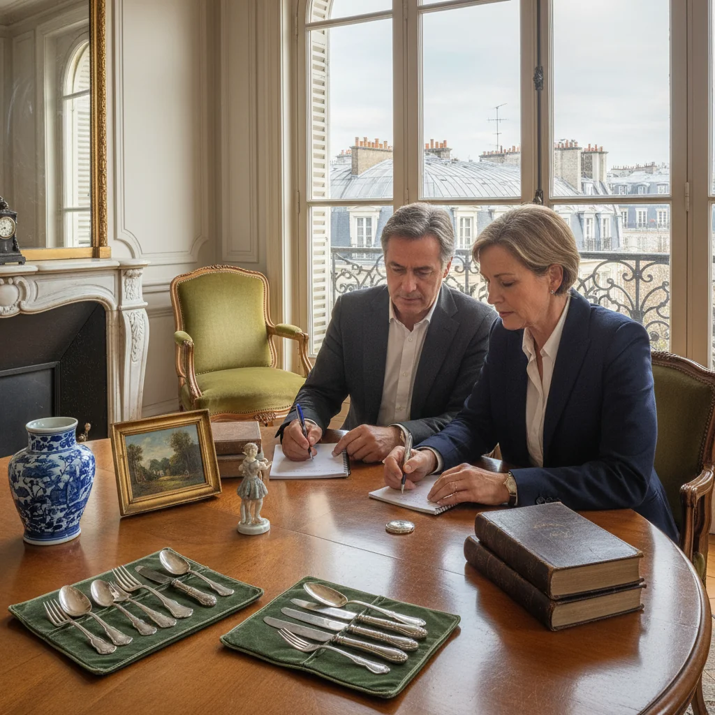 A photorealistic image of a professional adult couple in their elegant French home, meticulously organizing and cataloging valuable items such as antique furniture, artwork, and jewelry on a wooden table, with subtle French decor in the background, conveying a sense of careful inventory management for legal purposes.