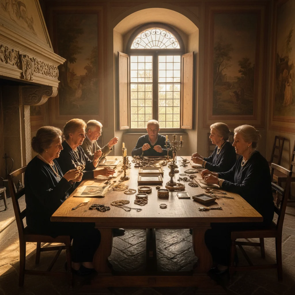 A photorealistic image of an elderly Italian family in a historic villa, gathered around a wooden table with family heirlooms like antique vases and jewelry, symbolizing the inventory of inherited assets, evoking themes of legacy and heritage in Italy, no children present.