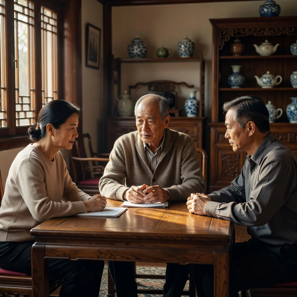 A photorealistic image of an elderly Chinese person thoughtfully reviewing a family inheritance plan with adult relatives in a traditional living room, symbolizing legacy and estate planning without showing any legal documents.