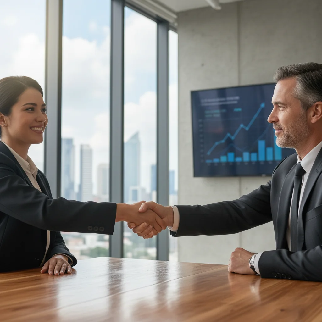 A photorealistic image of two adults shaking hands across a desk in a modern office, symbolizing a financial agreement or loan deal, with a subtle background of financial charts or a bank setting, conveying trust and partnership without showing any documents.