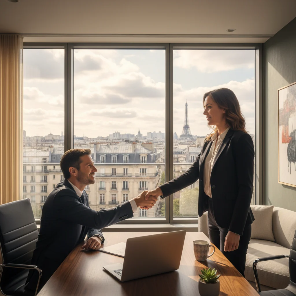A photorealistic image of an adult French professional in a modern office setting, shaking hands with a banker over a desk with subtle financial elements like a calculator and laptop in the background, symbolizing the agreement of a loan contract without showing any documents or children.