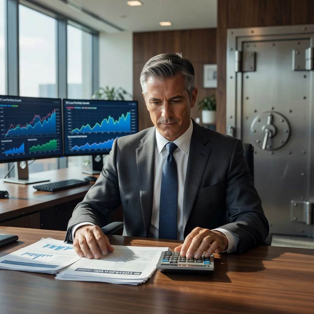 A photorealistic image depicting a mature adult professional in a modern bank setting, reviewing financial documents on a desk with subtle banking elements like a calculator and charts in the background, symbolizing the key clauses in a bank loan contract. The scene conveys trust, security, and financial planning without showing any legal documents directly.